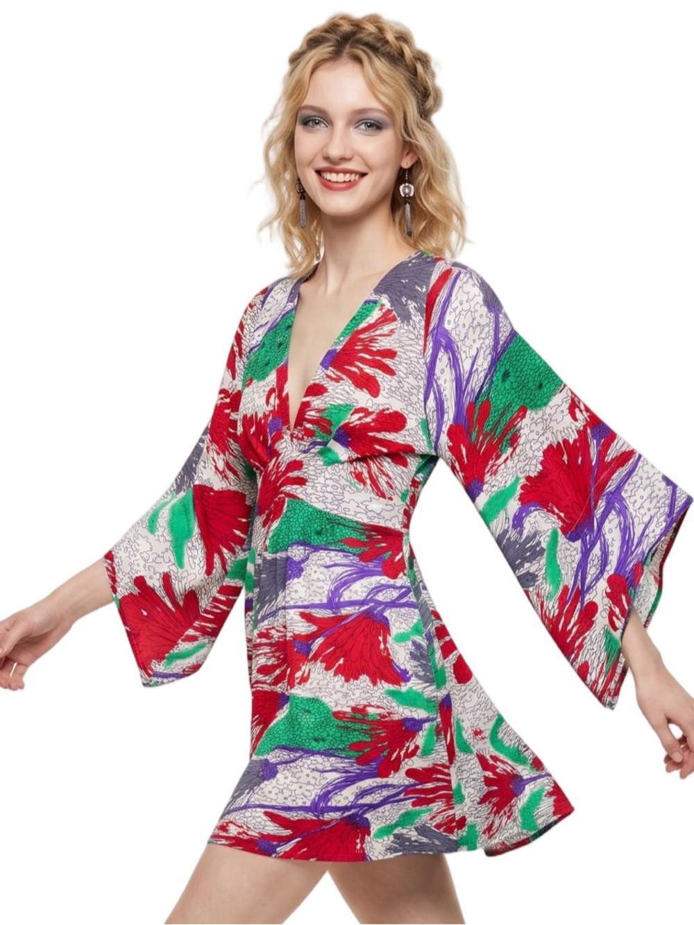 T-Bags Multicolor Floral Kimono Mini Dress V neck Long sleeve Empire waist CUTE - Picture 3 of 16